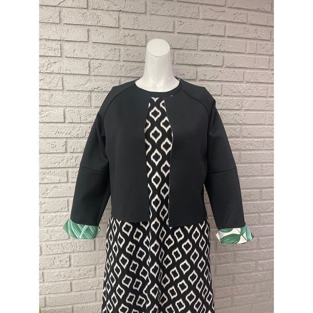 Topshop Women Black Scuba Palm Leaf Print Lining Cropped Jacket Size 8